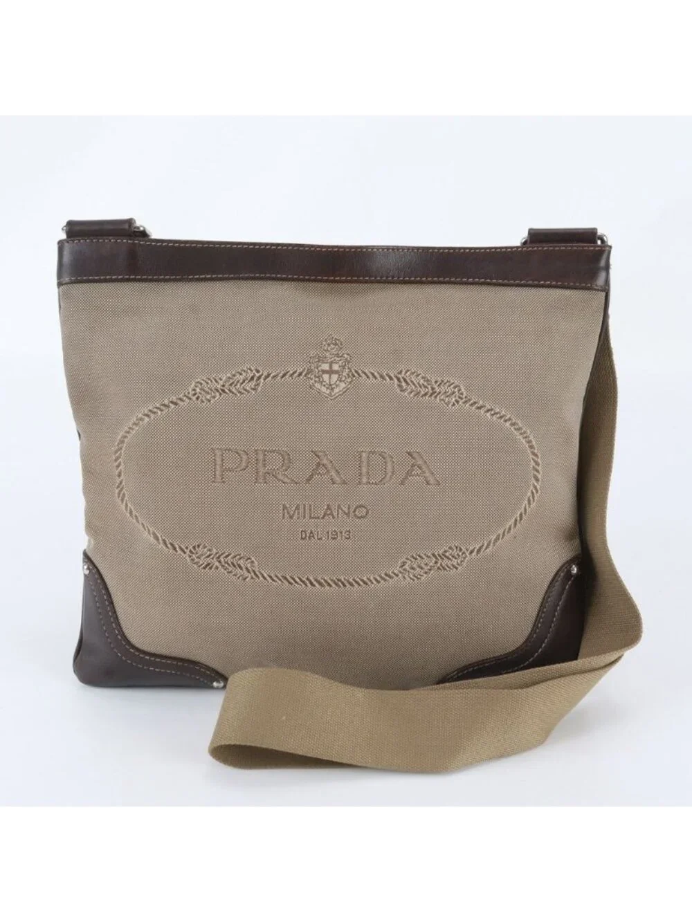 Prada Jacquard Logo Leather Shoulder Bag Crossbody Messenger Business Brown